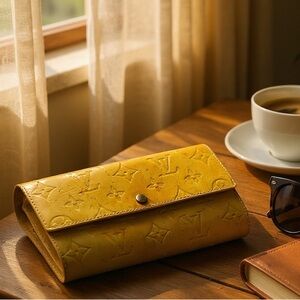 Louis Vuitton long Sarah Wallet yellow Monogram Vernis patent leather auth